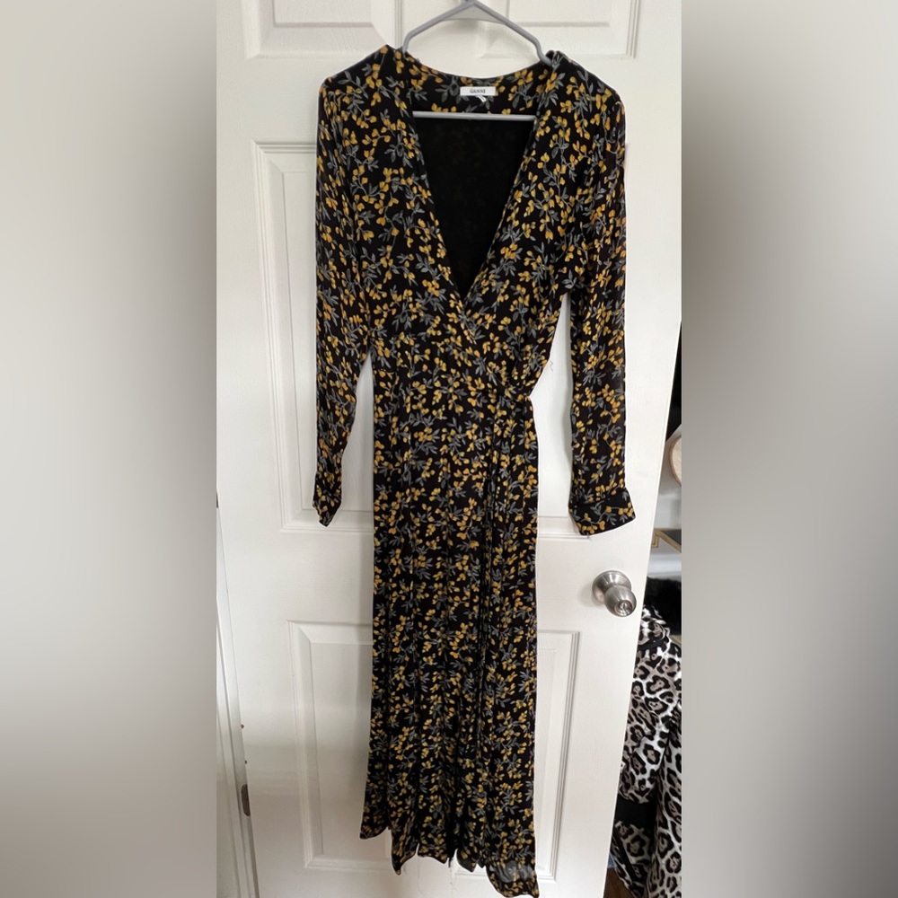 Ganni Marceau black and yellow maxi dress size 38